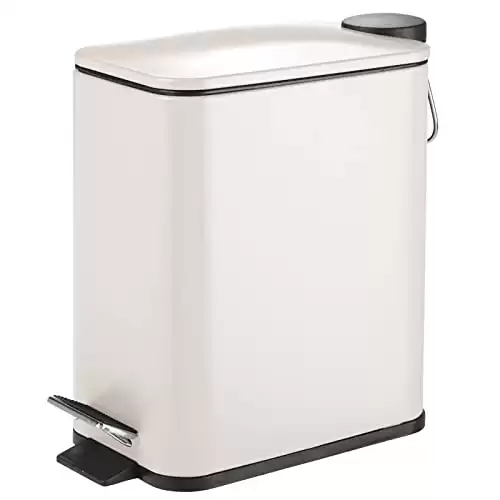 mDesign Slim Metal Rectangle 1.3 Gallon/5 Liter Trash Can with Step Pedal, Easy-Close Lid, Removable Liner - Narrow Wastebasket Garbage Container Bin for Bathroom, Bedroom, Kitchen - Matte Cream/Beige