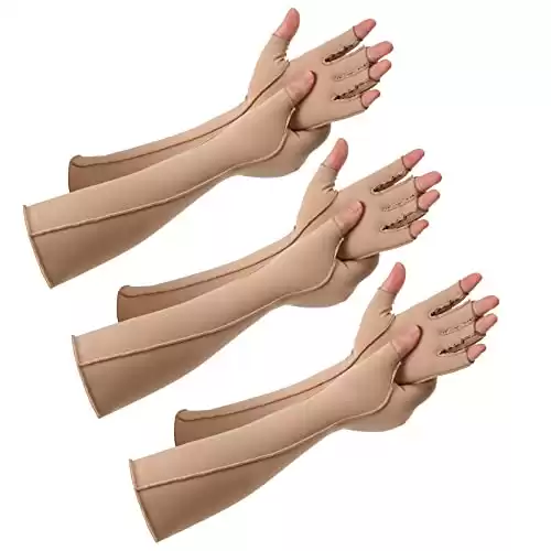 Janmercy 3 Pairs Arthritis Compression Gloves Outside Seams Fingerless Compression Gloves for Women Men Carpal Tunnel Swelling (Nude, Extended)