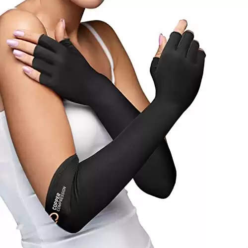 Copper Compression Long Arthritis Pain Relief Gloves - Copper Infused Orthopedic Fingerless Hand Brace for Women, Men - Carpal Tunnel, Computer Typing, RSI, Support Hands, Wrist, Arms