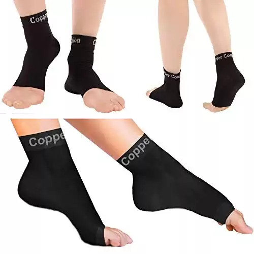 Copper Compression Foot Sleeves - Plantar Fasciitis, Achilles, Ankle Support Brace Socks - Day/Night Relief from Heel Spurs, Arch Pain, Swelling, Soccer Injuries, Golf, Running - 1 Pair Black - L