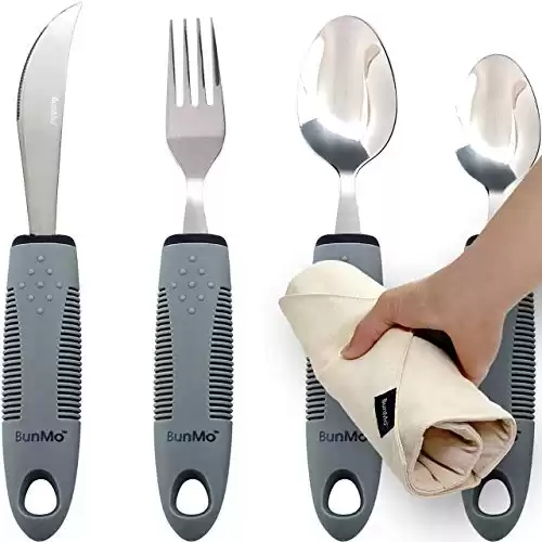 BUNMO Adaptive Utensils for Elderly, Arthritis, Weak Hand Grip & Handicapped | 4 Piece Set | Convenient Travel Pouch | Lightweight | Easy Grip Handles | Stainless Steel | Eat Independently (Gray)