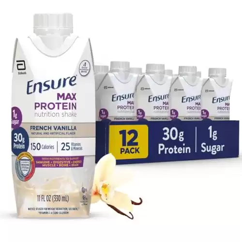Ensure Max Protein Nutrition Shake with 30g of Protein, 1g of Sugar, High Protein Shake, French Vanilla, Liquid, 11 fl oz (Pack of 12)