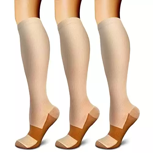 FEYHAY Copper Compression Socks (3 Pairs) 15-20 mmHg Circulation is Best Athletic & Daily for Men & Women, Running, Climbing (Small-Medium, 03 Beige)