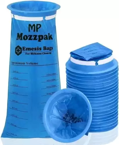 MP MOZZPAK Vomit Bags – 24 Pack – 1000ml Emesis Bags – Leak Resistant, Medical Grade, Portable, Disposable Barf, Puke, Throw Up, Nausea Bags for Travel Motion Sickness (Blue, Pack of 24)