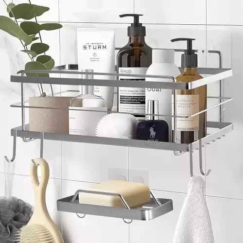 KINCMAX Shower Caddy with 4 Hooks, 304 Stainless Steel, 1 Shelf, Adhesive Mount, Easy to Install, Fast Drain, Holds 20lbs, Ideal for Bathroom, Kitchen, Entryway