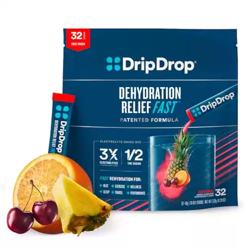 DripDrop Hydration - Fruit Punch - Electrolyte Drink Mix Single Serve Hydration Powder Packets | Non-GMO, Gluten Free, Vegan | 32 Sticks
