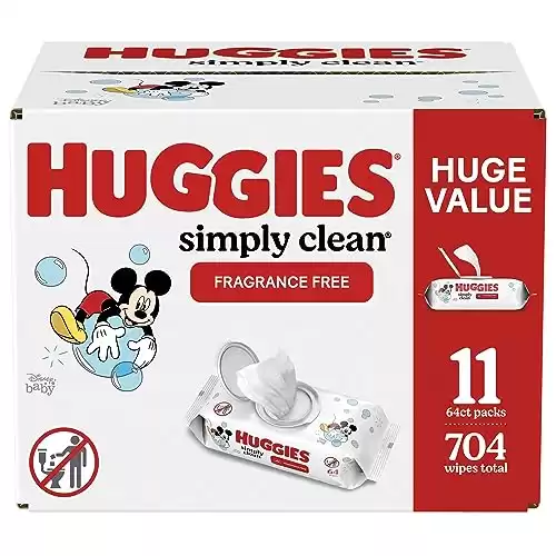 Huggies Simply Clean Fragrance-Free Baby Wipes, Unscented Diaper Wipes, 11 Flip-Top Packs (704 Wipes Total)