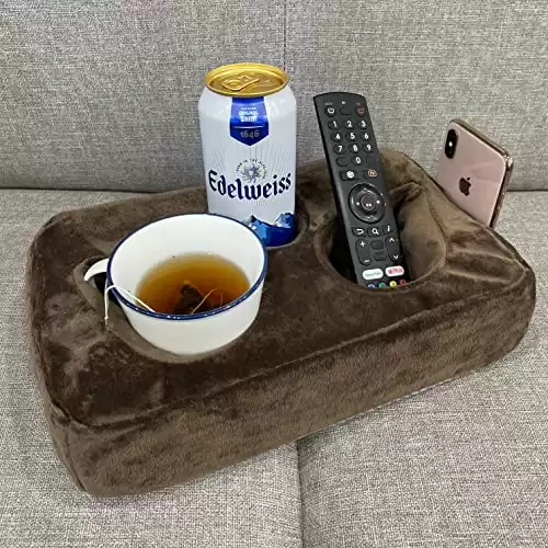 Couch Cup Holder Pillow, Couch Drinks Remotes Holder for Center of Couch, for Sofa, Bed, RV, Car (Brown)