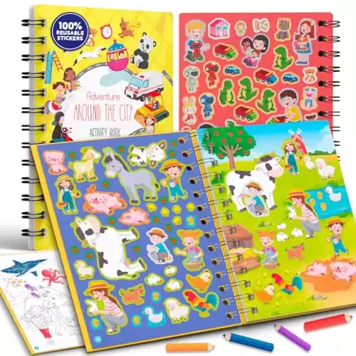 Kids Sticker Book, Reusable Sticker Activity Books for Kids Ages 3-5, 14 Scenes Spiral Coloring Book, Toddler Flight Essentials Ages 4-8, Car Activities for Kids, Travel Toddler Essentials Ages 8-12.