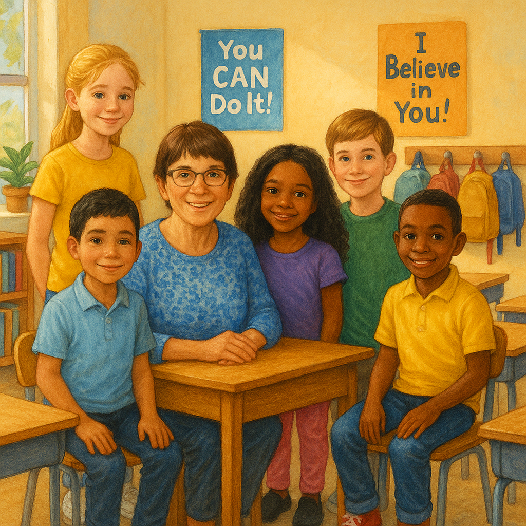 A storybook image of Jan Mariet and the characters from her children's books, including Nico, Lizzie, Myra, and friends.